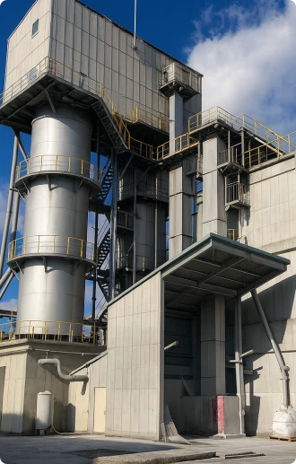 産業プラントの外観。高い塔状の設備や配管があり、青空の下で撮影された。